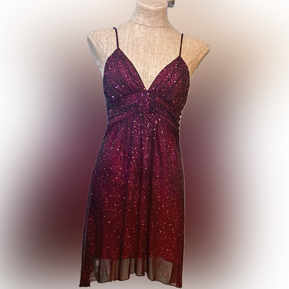 Purple/pink Ruched Sequin Gown with Plunge Neckline for Cocktail or Dance